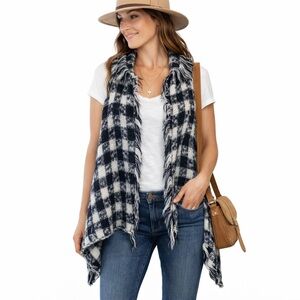 Wooden Ships Buffalo Plaid Fringe Vest Black White Open Front Size S/M NWT